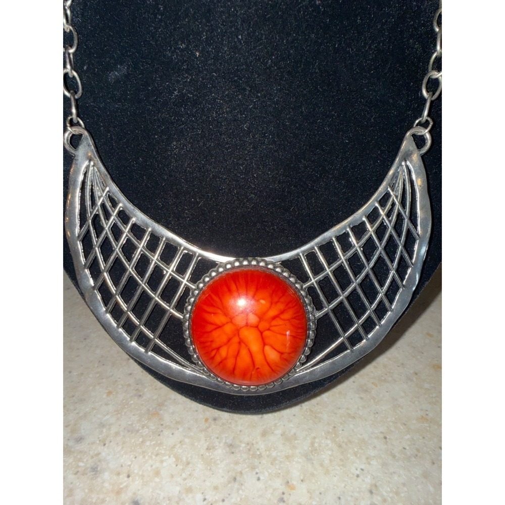 Silver Statement Necklace With Red/Orange Tone Large‎ Stone 70s Brutalist Brass